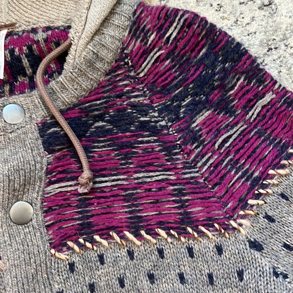 FREE PEOPLE M Wool Nylon Blend Tan Hooded Sweater Jacket Blue Cardigan - Picture 7 of 14